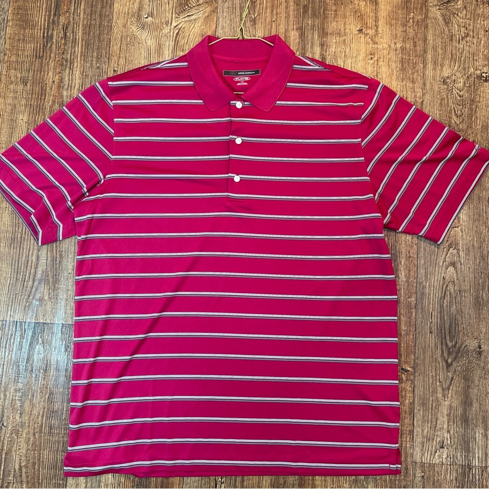 Greg Norman play-dry performance polo golf shirt red striped ~ Large